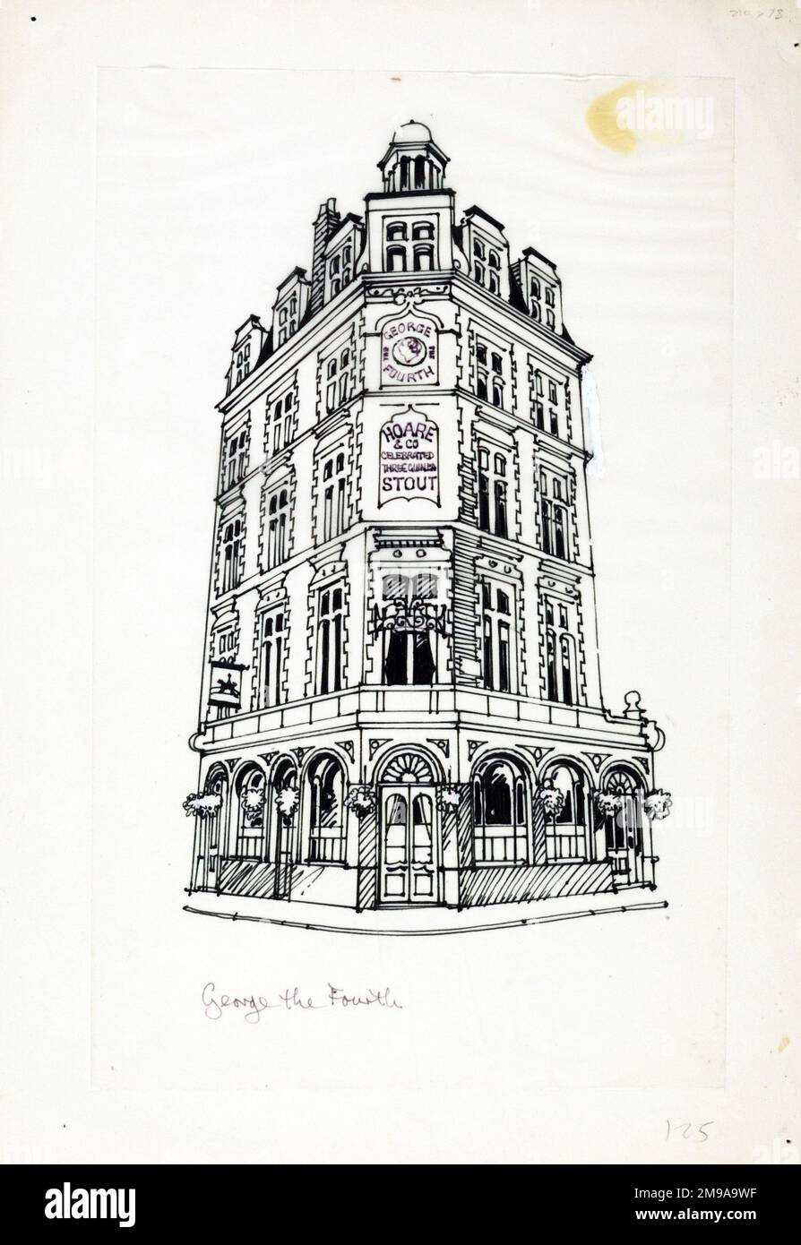 Croquis de George The Fourth pH, Holborn, Londres. Le côté principal de l'imprimé (illustré ici) représente : un croquis du pub. Le verso de l'imprimé (disponible sur demande) détails: Rien pour le George le quatrième, Holborn, Londres WC2A 2HF. En juillet 2018 . Propriétaire de la London School of Economics Banque D'Images