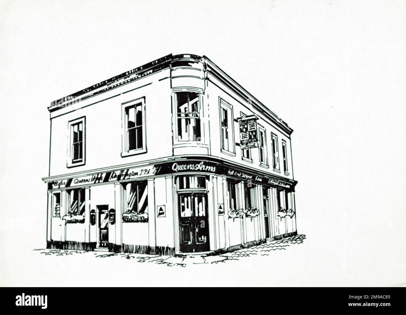Croquis de Queens Arms, Kensington, Londres. Le côté principal de l'imprimé (illustré ici) représente : un croquis du pub. Le verso de l'imprimé (disponible sur demande) détails: Rien pour les armoiries Queens, Kensington, Londres SW7 5QL. En juillet 2018 . Château (Mitchells et Butlers) Banque D'Images