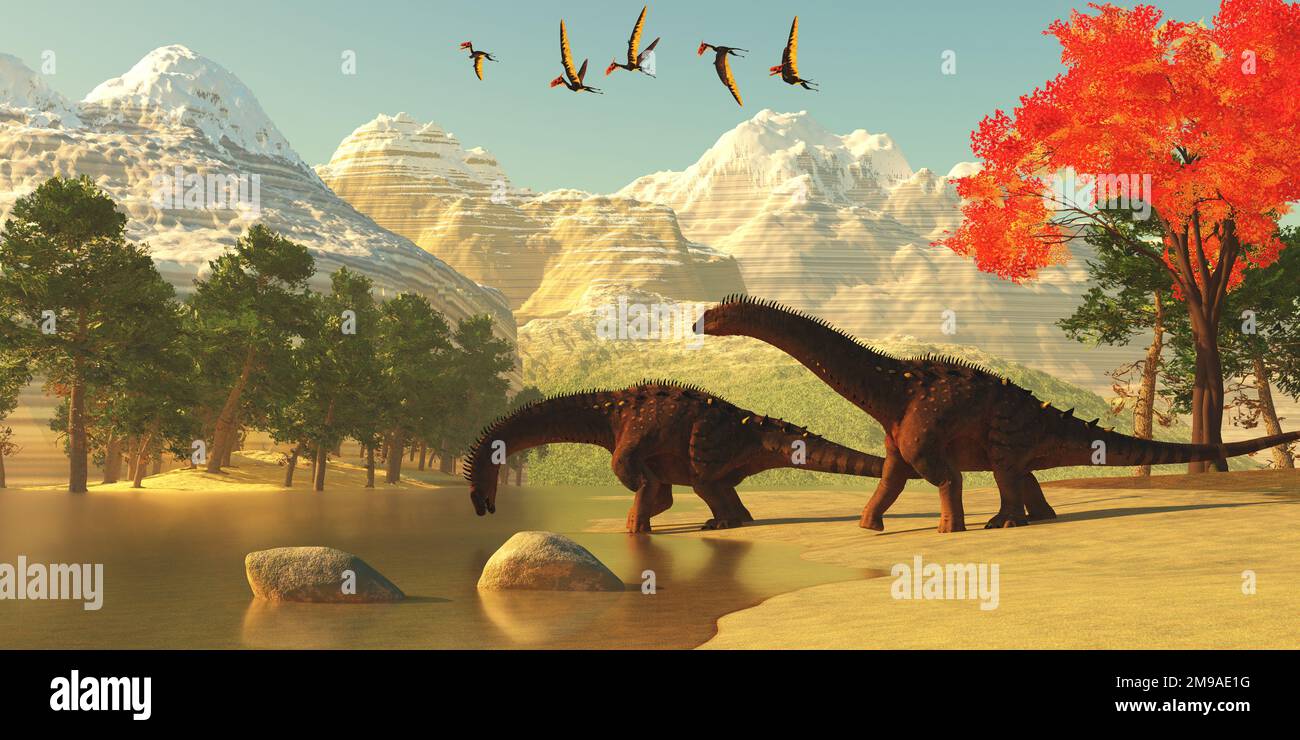 Alamosaurus Dinosaur automne - Un troupeau de ptérosaures Dsungaripterus survole deux sauropodes Alamosaurus en train de boire un verre d'eau. Banque D'Images