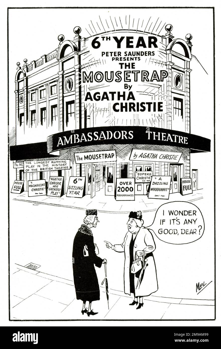 Publicité pour la pièce d'Agatha Christie le Mousetrap, dans sa sixième année au Ambassadeurs Theatre, Londres, décembre 1957 Banque D'Images