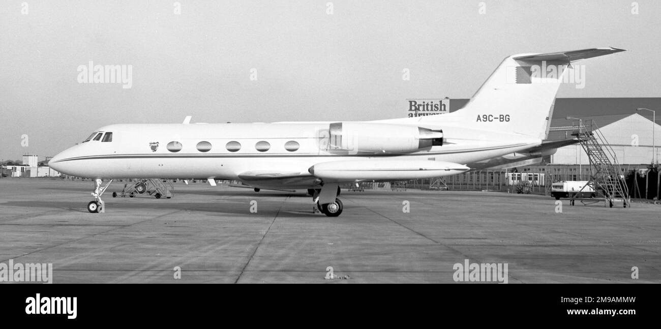 Grumman G-1159 Gulfstream II A9C-BG (msn 202 , plus tard A9-CBG), du Bahreïn Amiri Royal Flight - Bahreïn Royal Flight, à l'aéroport de Londres Heathrow. Banque D'Images