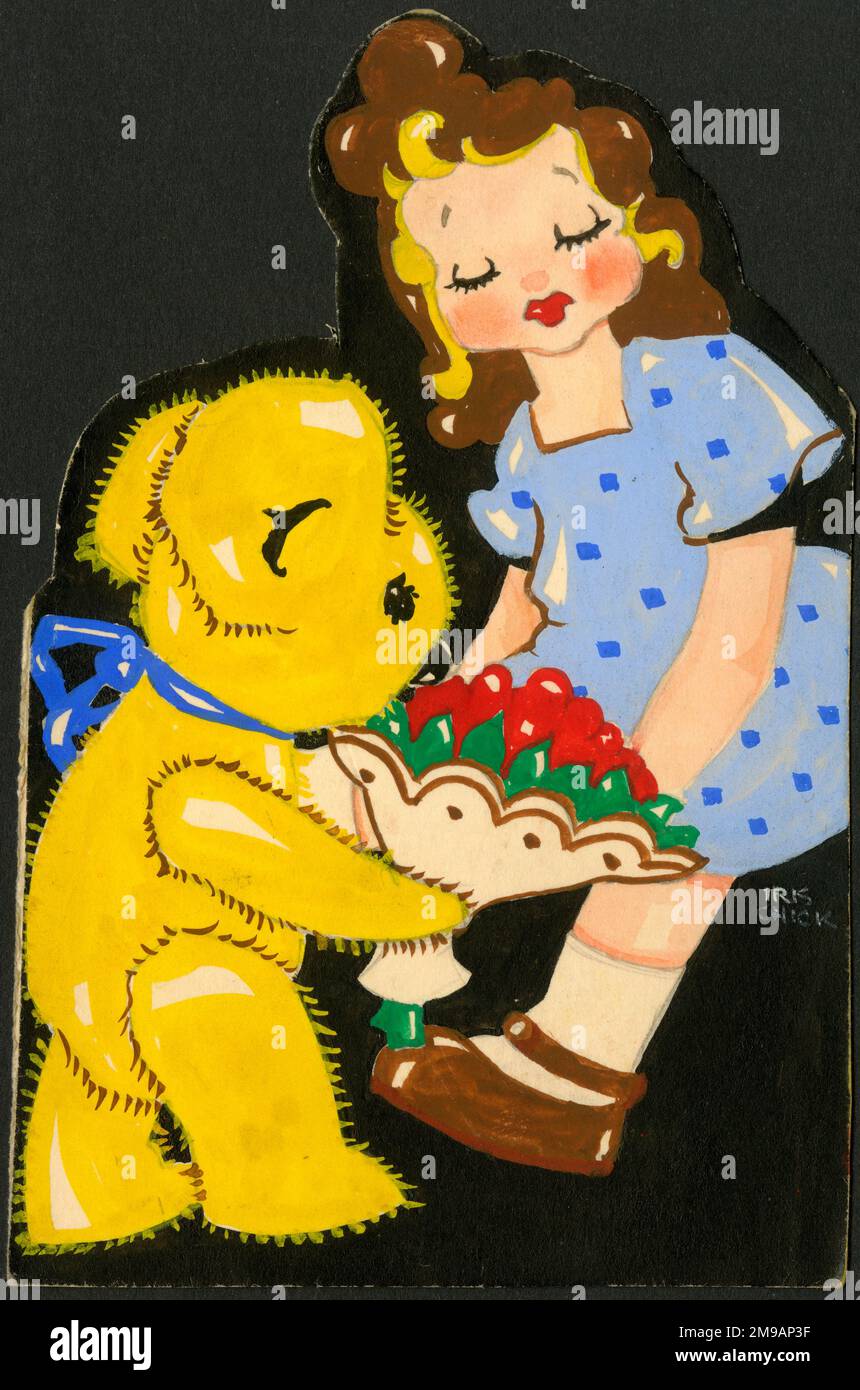 Original Artwork - Un ours en peluche donne à son joli jeune propriétaire un bouquet de fleurs rouges. Banque D'Images