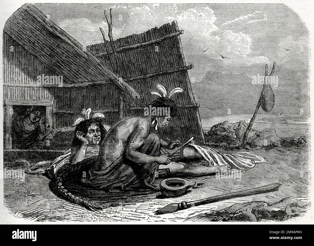 Tatouage d'un chef maori en Nouvelle-Zélande, pendant une période de conflit qui comprenait la première guerre de Taranaki et l'invasion du Waikato (1860-1863). Banque D'Images