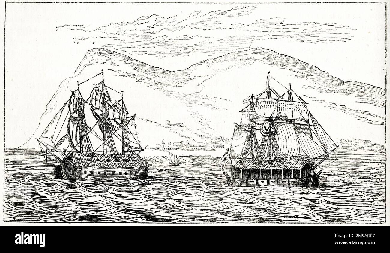 Navires de guerre espagnols, port et tribord, utilisés entre 1781 et 1783 pendant le Grand Siège de Gibraltar. Banque D'Images