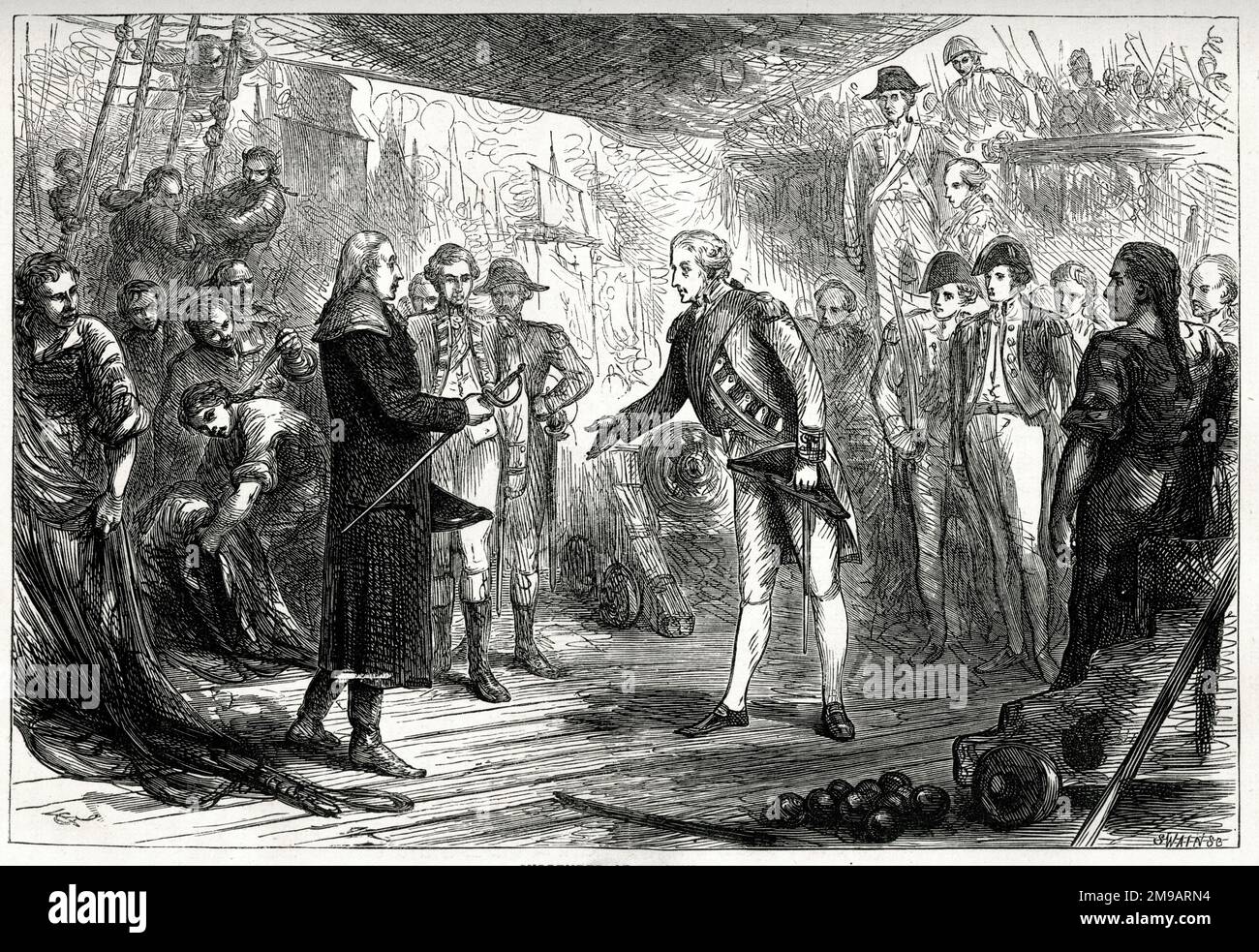 Remise de l'amiral de Winter, chef de la flotte hollandaise, à l'amiral Duncan de la flotte britannique, après la bataille de Camperdown (Camperduin, Hollande du Nord), 11 octobre 1797. Banque D'Images