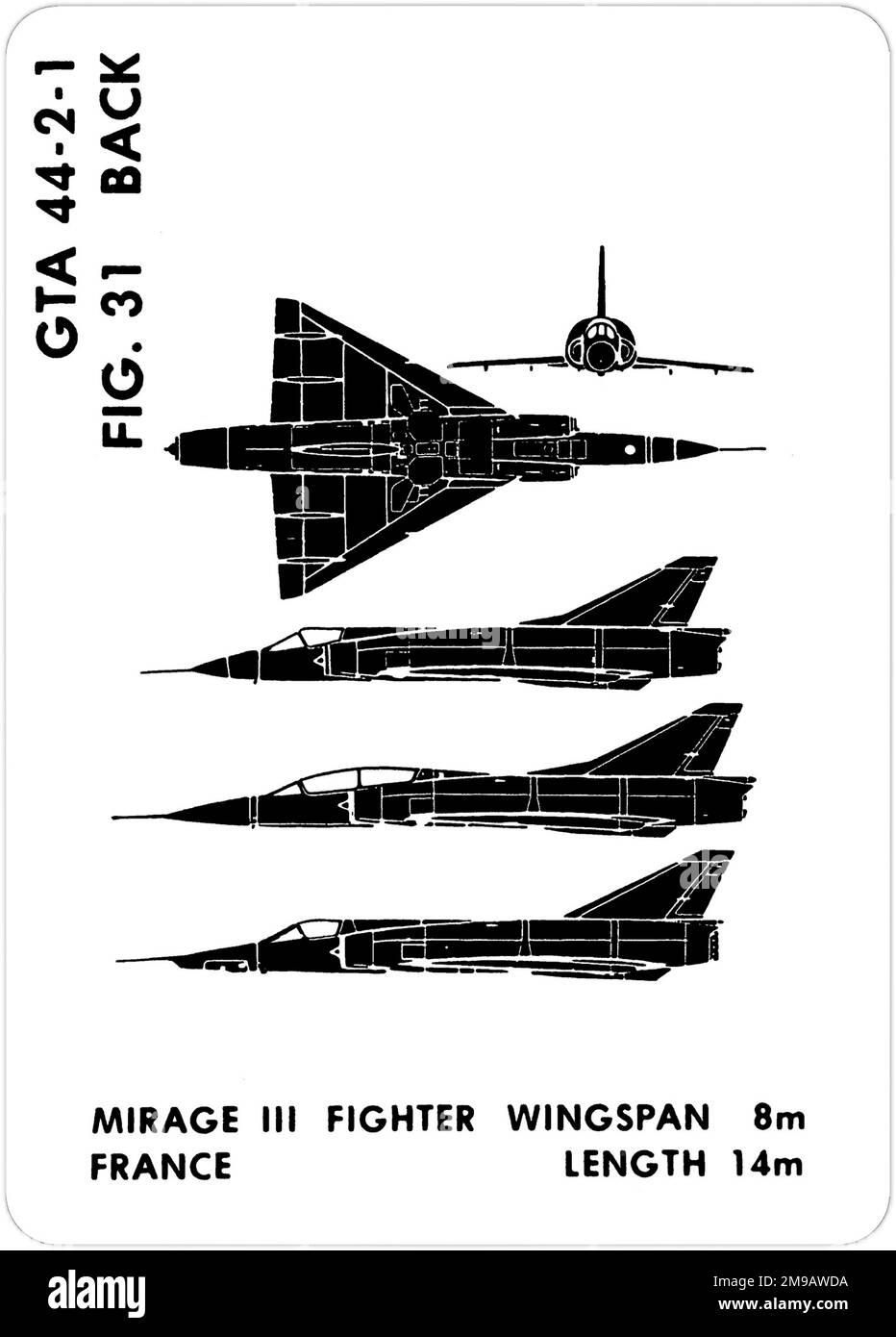 Dassault Mirage IIIC, IIIB et IIIR. Il s'agit de l'une des séries de Graphics Training AIDS (GTA) utilisées par l'armée des États-Unis pour former leur personnel à reconnaître les avions amicaux et hostiles. Cet ensemble, GTA 44-2-1, a été publié en July1977. L'appareil est équipé d'appareils provenant du Canada, de l'Italie, du Royaume-Uni, des États-Unis et de l'URSS. Banque D'Images