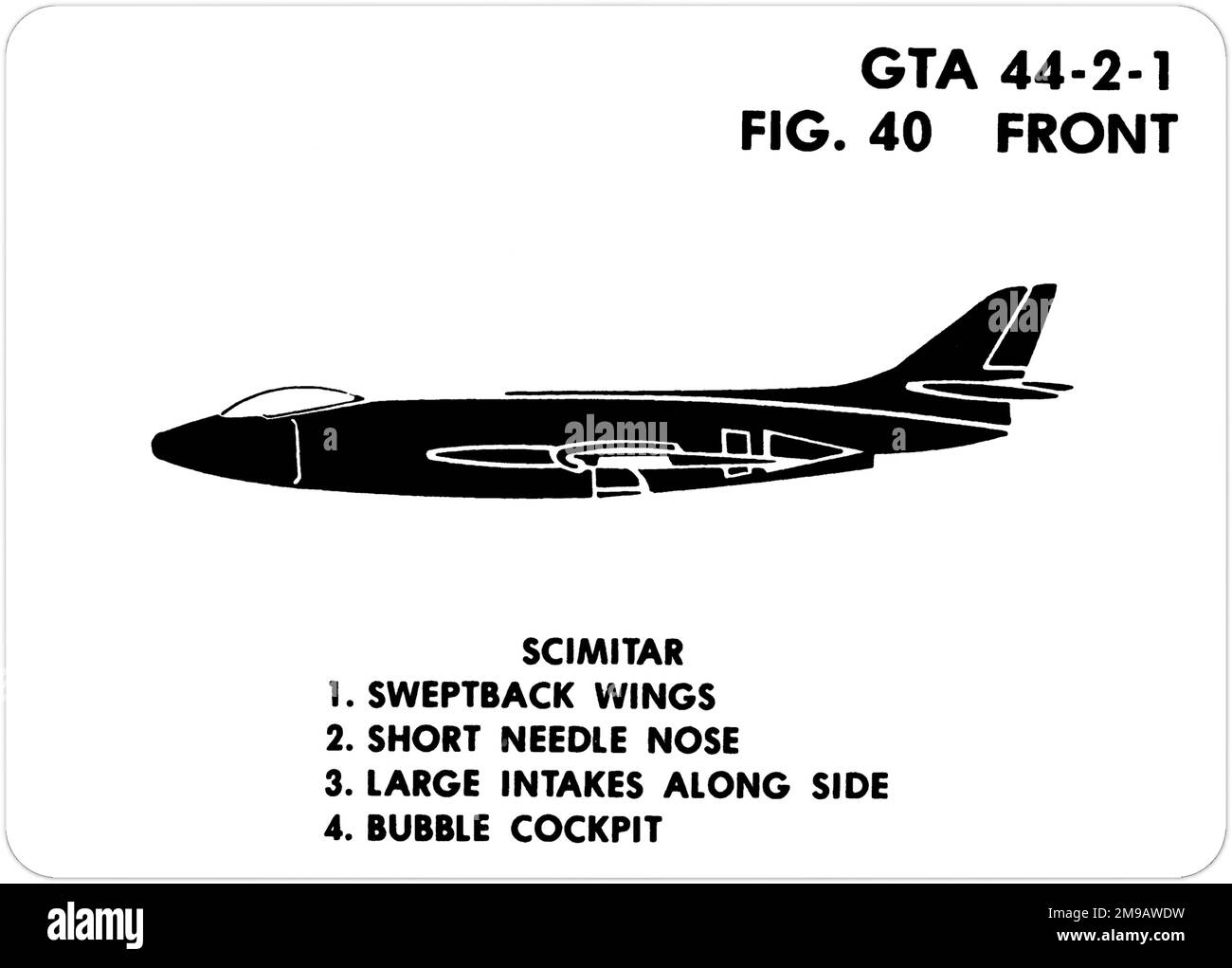 Schimitar Supermarine F.1. Il s'agit de l'une des séries de Graphics Training AIDS (GTA) utilisées par l'armée des États-Unis pour former leur personnel à reconnaître les avions amicaux et hostiles. Cet ensemble, GTA 44-2-1, a été publié en July1977. L'appareil est équipé d'appareils provenant du Canada, de l'Italie, du Royaume-Uni, des États-Unis et de l'URSS. Banque D'Images