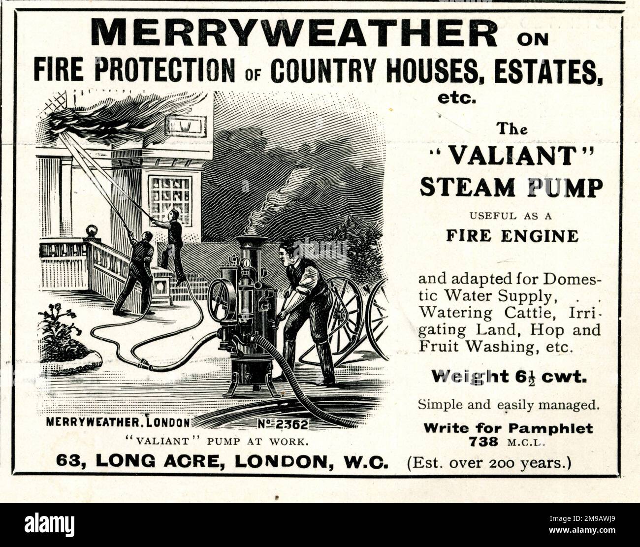 Publicité, Merryweather, long Acre, Londres, la pompe à vapeur Valiant anti-incendie, utile comme moteur d'incendie. Banque D'Images