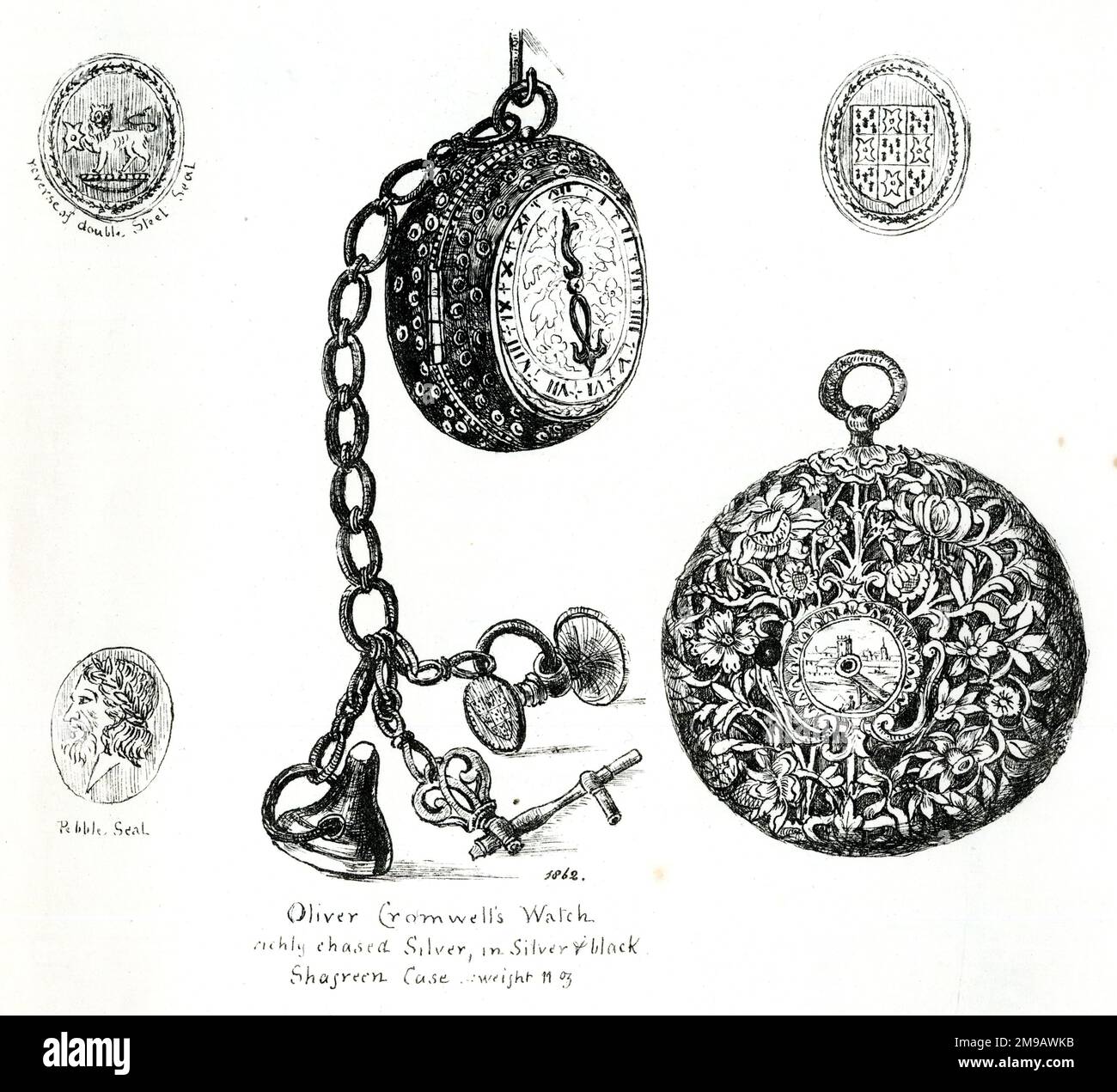 La montre argentée d'Oliver Cromwell et son étui en forme d'accords. Banque D'Images