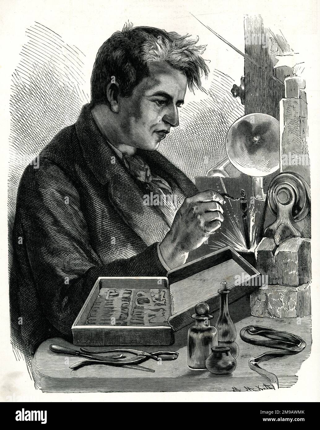 Thomas Edison, inventeur américain, au travail. Banque D'Images