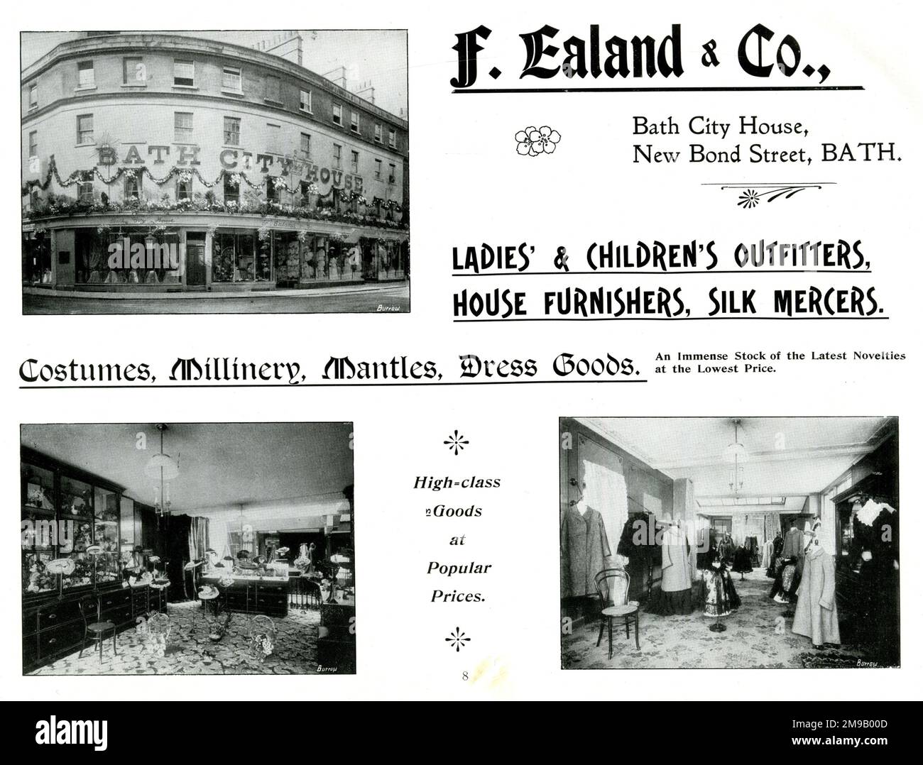 Publicité pour F. Ealand & Co, vêtements et articles de toilette, Furnace House, New Bond Street, Bath Banque D'Images