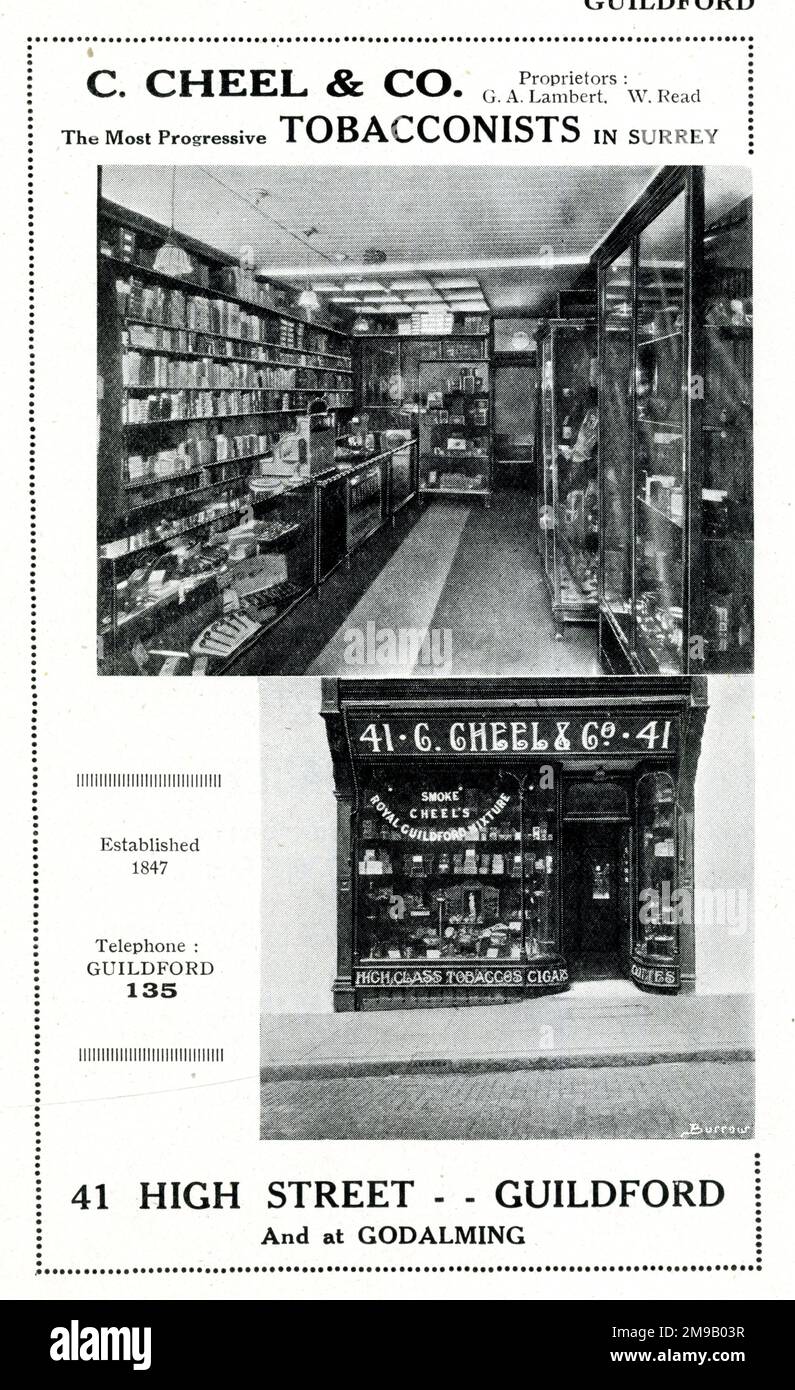 Publicité pour C Cheel & Co, Tobacconists, High Street, Guildford, Surrey Banque D'Images
