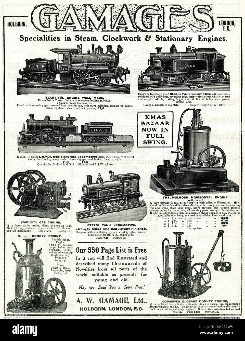 Publicité, A W Gamage Ltd, Holborn, Londres, Steam Engines et Model Railway trains Banque D'Images