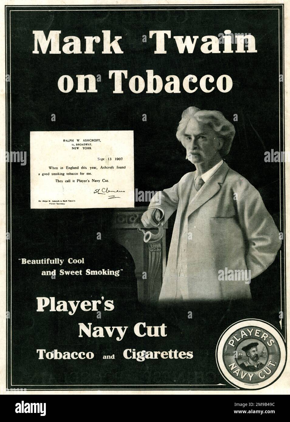 Mark Twain, l'approbation de célébrité annonçant le tabac, les cigarettes de coupe de la marine du joueur Banque D'Images