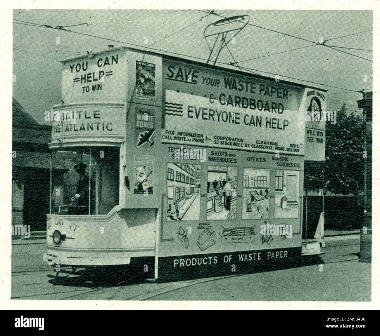 Campagne publicitaire de tram de Glasgow - vous pouvez aider à gagner, sauver vos déchets de papier et de carton, tout le monde peut aider, WW2 Banque D'Images