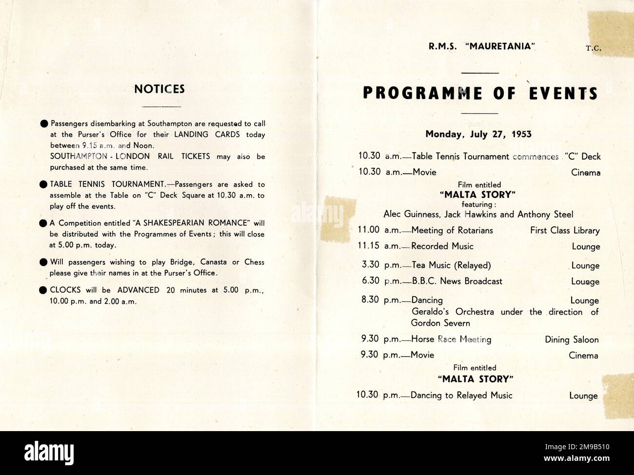 Programme d'événements à bord de Cunard liner RMS Mauretania, 27 juillet 1953 Banque D'Images