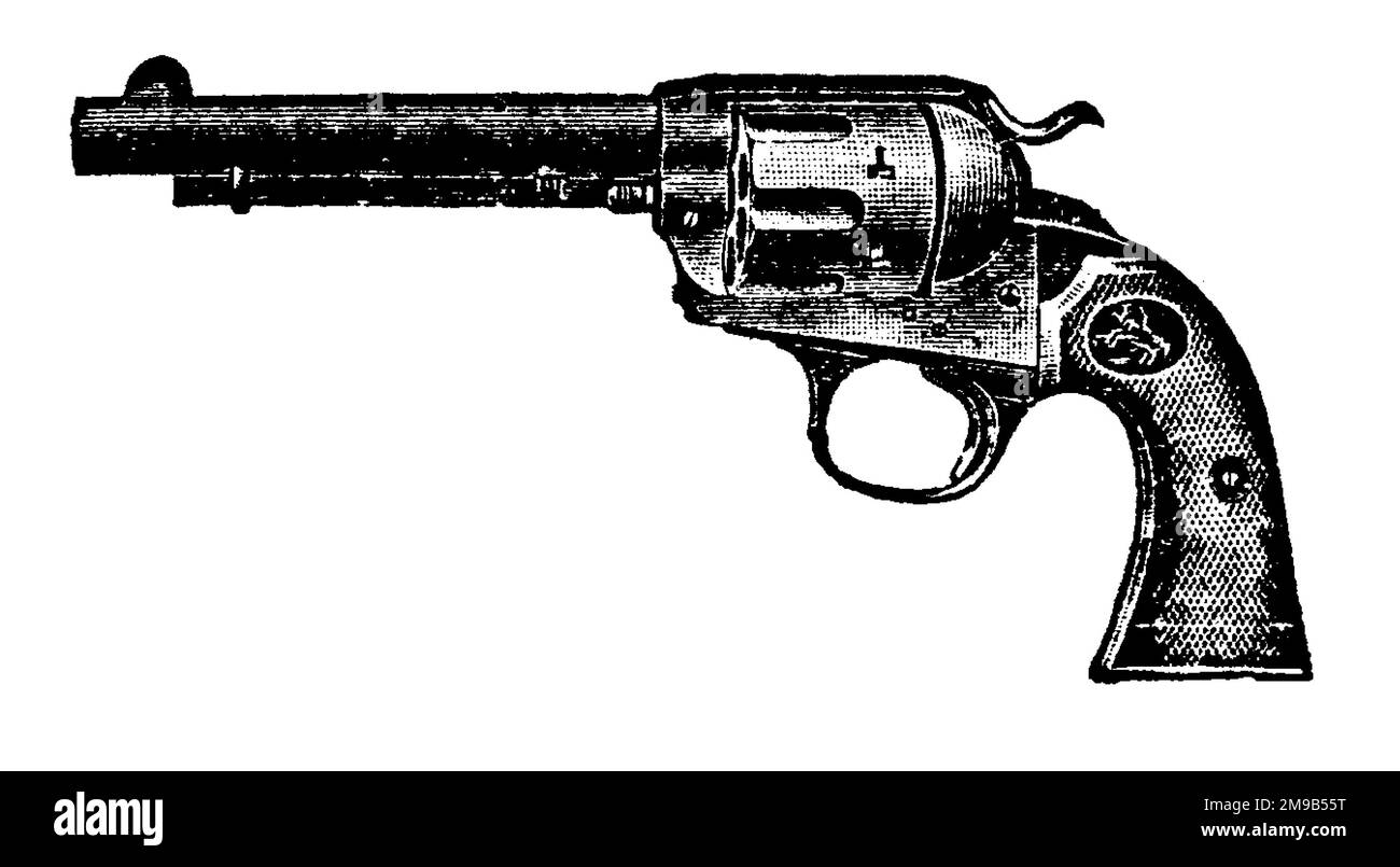 38-Caliber Single action Colt Bisley Model Revolver, Vintage Engraving. Ancienne illustration gravée d'un modèle Revolver Colt Bisley isolé sur un blanc Banque D'Images