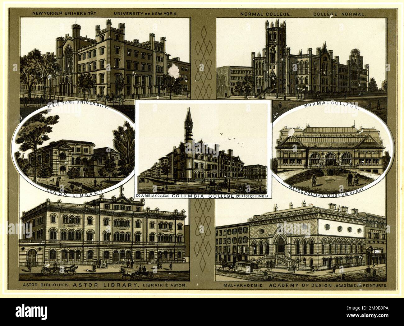 Collèges et universités de New York, États-Unis - Université de New York, Normal College, Lenox Library, Columbia College, Metropolitan, Bibliothèque Astor, Académie du design. Banque D'Images