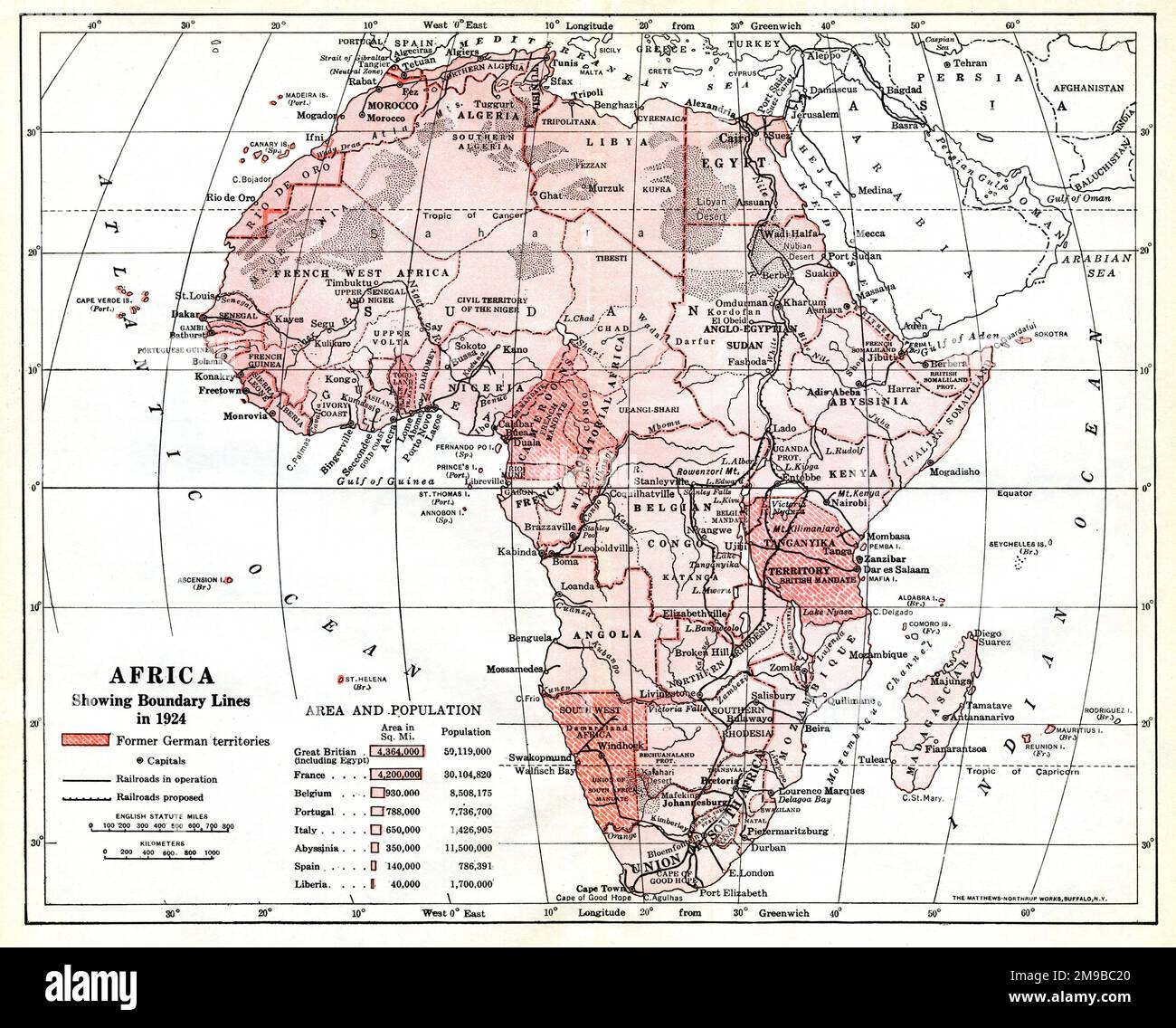 Carte de l'Afrique montrant les lignes de démarcation en 1924 Banque D'Images
