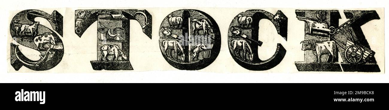 Typographie de lettrage décoratif, STOCK, avec animaux de ferme et agriculture Banque D'Images