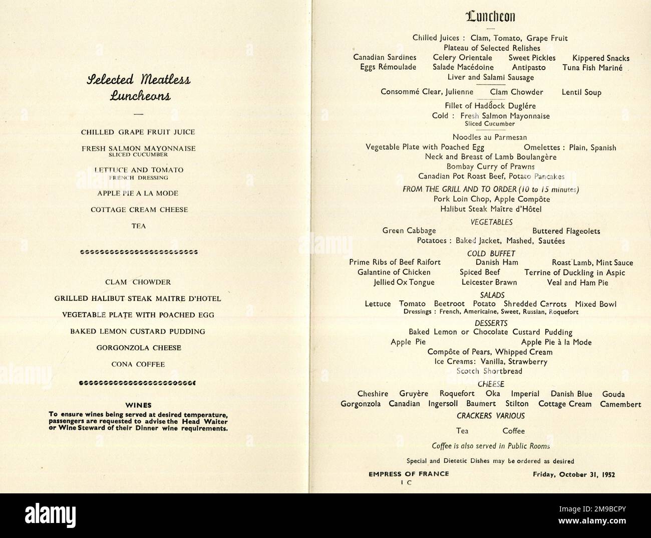 Menu pour RMS Empress of France, ligne du Pacifique canadien, 31 octobre 1952 Banque D'Images