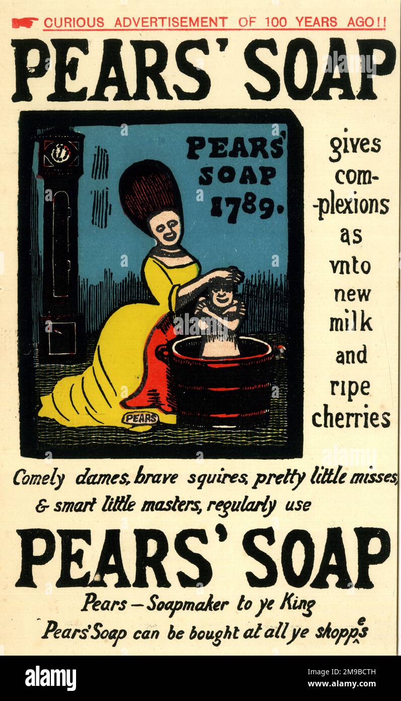 Publicité, savon de Pear, daté de 1789, la mère lavant l'enfant dans la baignoire, utilisé comme un encart de magazine 100 ans plus tard Banque D'Images