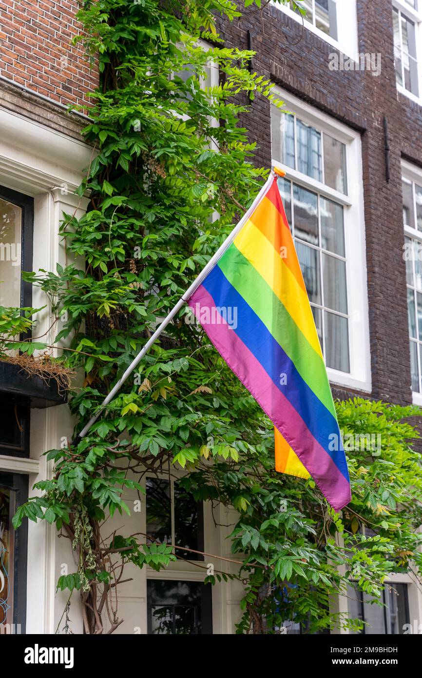 Un cliché vertical d'un drapeau LGBT suspendu d'une façade d'appartement à Amsterdam Banque D'Images