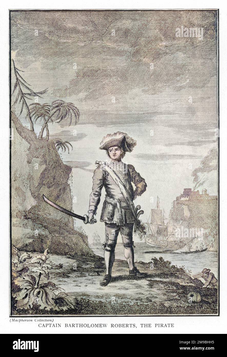 BARTHOLOMEW ROBERTS Capitaine Roberts, le pirate avec une épée en main et un chapeau tricorne Banque D'Images