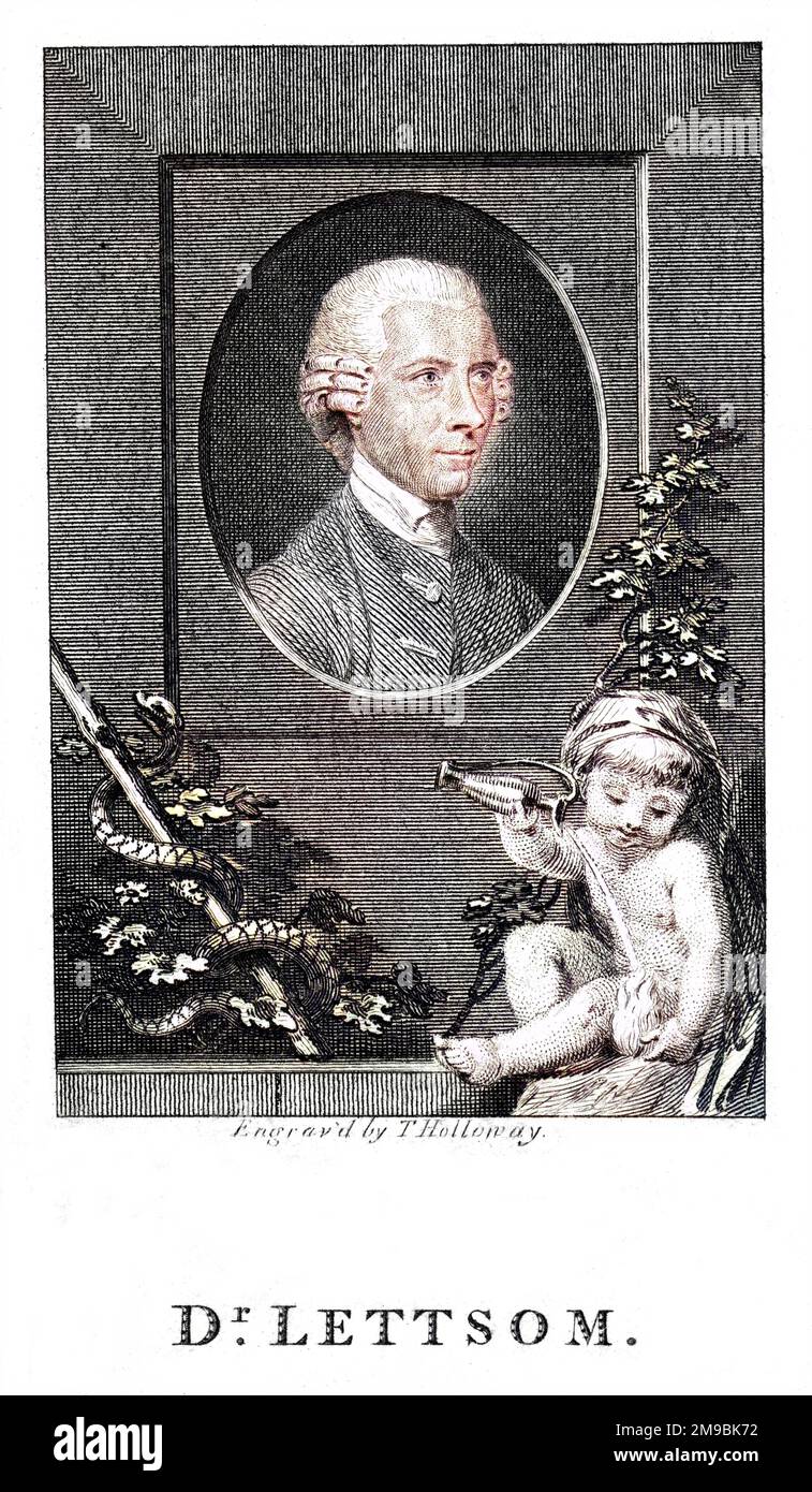 JOHN COAKLEY LETTSOM médecin praticien, écrivain représenté avec un chérubin engagé à étouffer les flammes d'un coeur brûlant avec l'eau apaisante d'une carafe. Banque D'Images