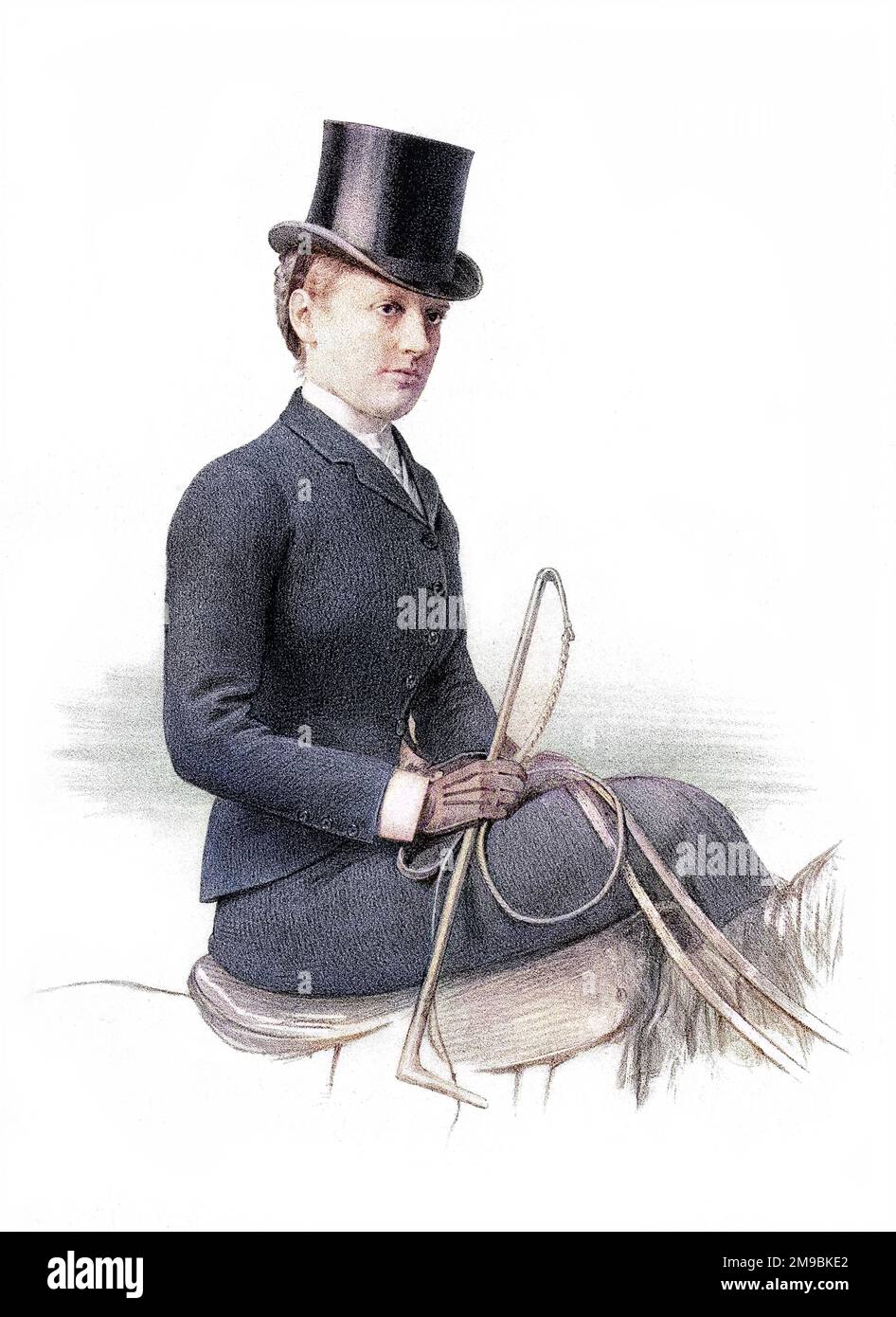 LADY DOREEN LONG horsewoman, équitation de côté-selle bien sûr et avec son équitation- récolte fermement à la main. Banque D'Images