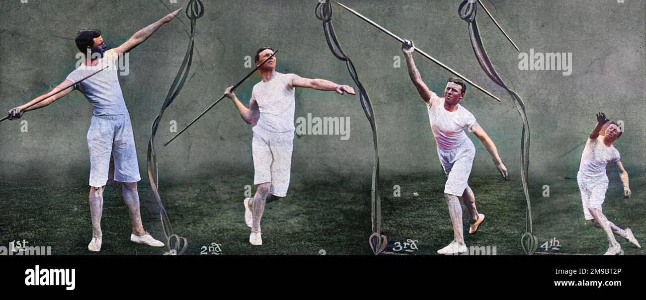 Classic Games at Shepherd's Bush - quatre positions dans le lancement du javelin. Série de quatre photographies montrant un lanceur de javelot en action aux Jeux Olympiques de Londres. Banque D'Images