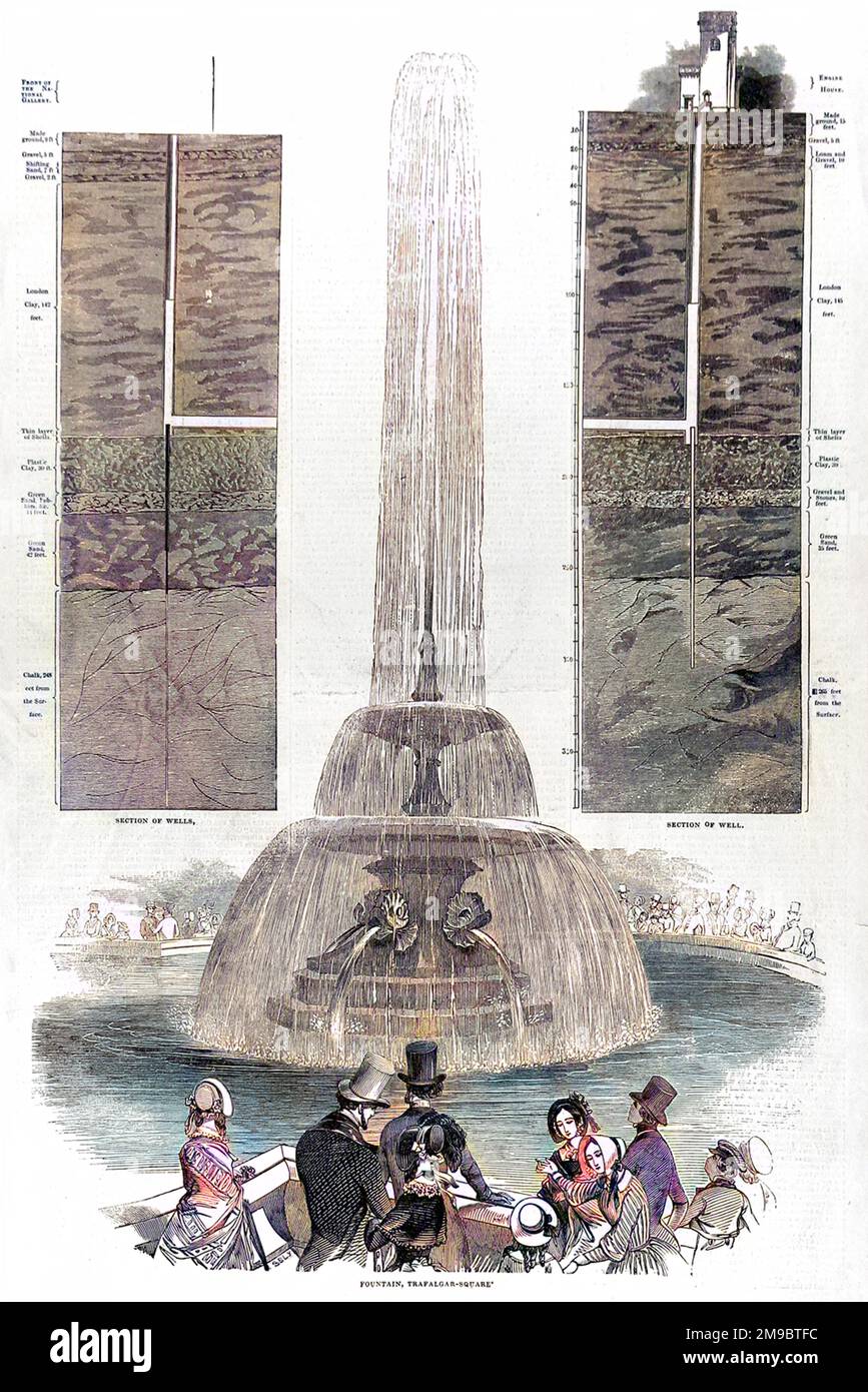 Une des fontaines de Trafalgar Square, Londres, avec (en haut à gauche et à droite) une vue en coupe des puits sous la place, qui ont été creusés pour alimenter les fontaines. Banque D'Images