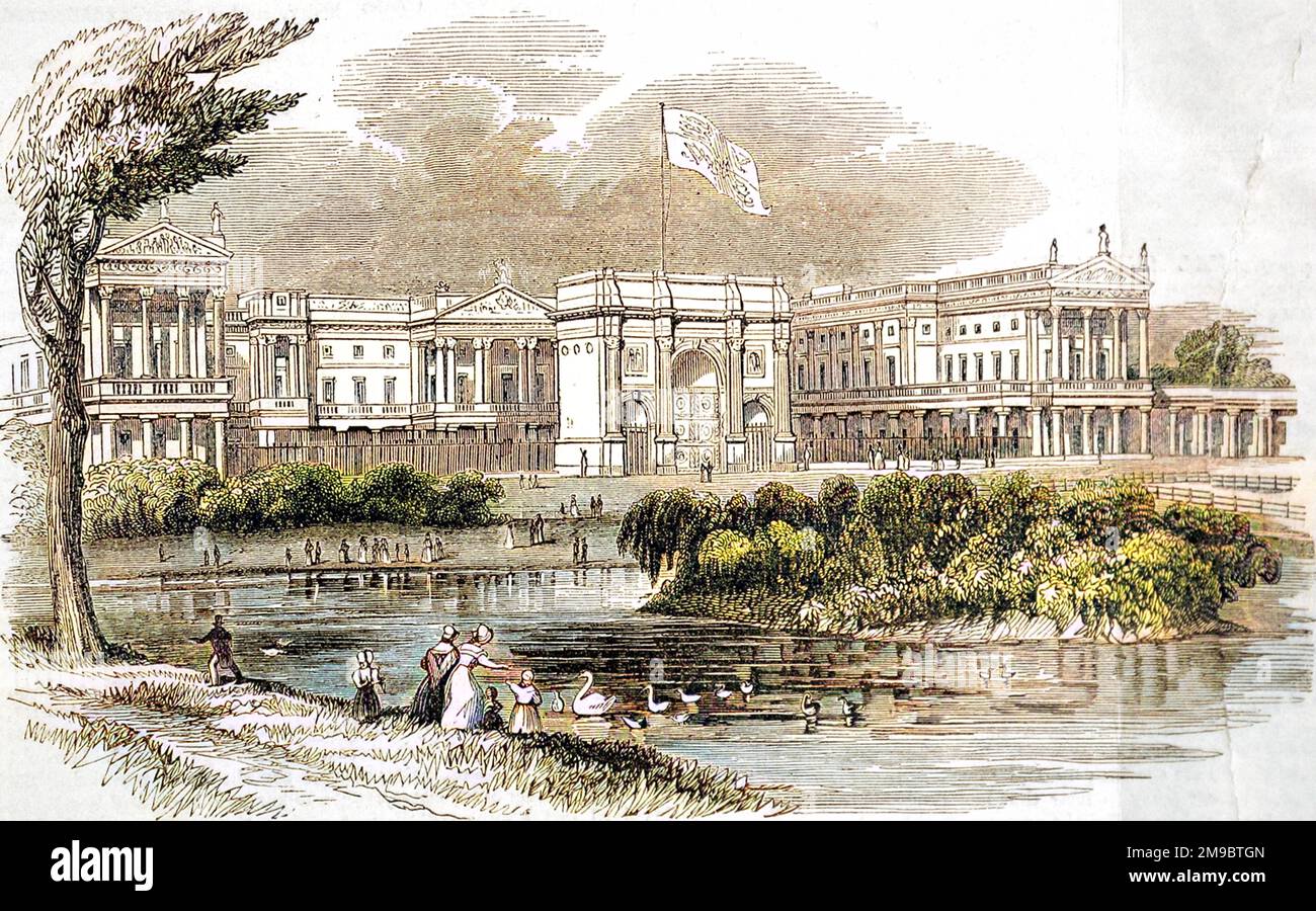 Gravure montrant l'extérieur de Buckingham Palace, Londres, vue de St. Parc James, 1842. Ce côté de Buckingham Palace a été rémodelé à la fin des années 1840 pour offrir plus d'hébergement. Banque D'Images