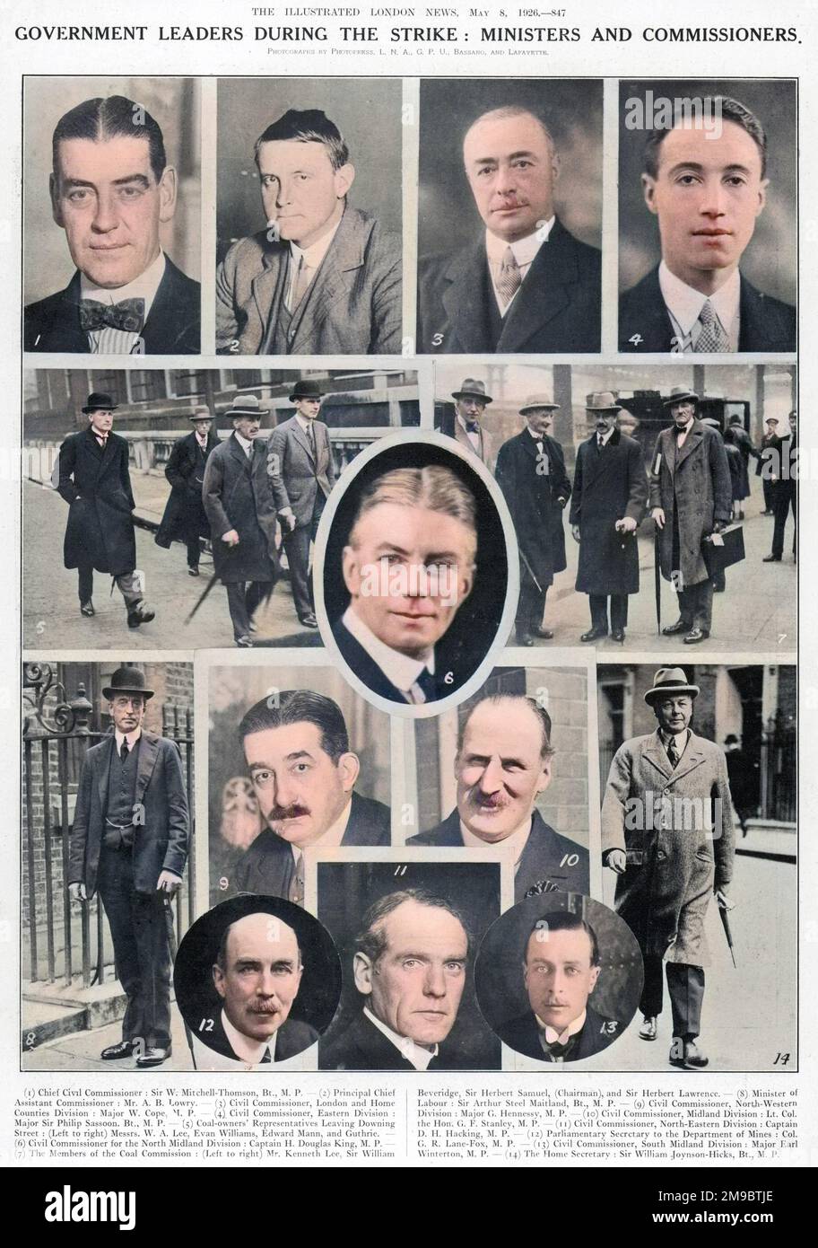 Les chefs de gouvernement pendant la grève générale : les ministres et les commissaires. 1. Commissaire civil en chef: Sir W. Mitchell-Thomson, 2. Sous-commissaire principal, M. A. B. Lowry, 3. Commissaire civil, Division des comtés de Londres et d'origine : Major W. Cope, 4. Commissaire civil, Division de l'est: Major Sir Philip Sassoon, 5. Les représentants des propriétaires de charbon quittant Downing Street: (De gauche à droite) MM. W. A. Lee, Evan Williams, Edward Mann et Guthrie. 6. Commissaire civil pour la division North Midland : capitaine H. Douglas King, 7. Les membres de la Commission du charbon: (De gauche à droite) M. Banque D'Images