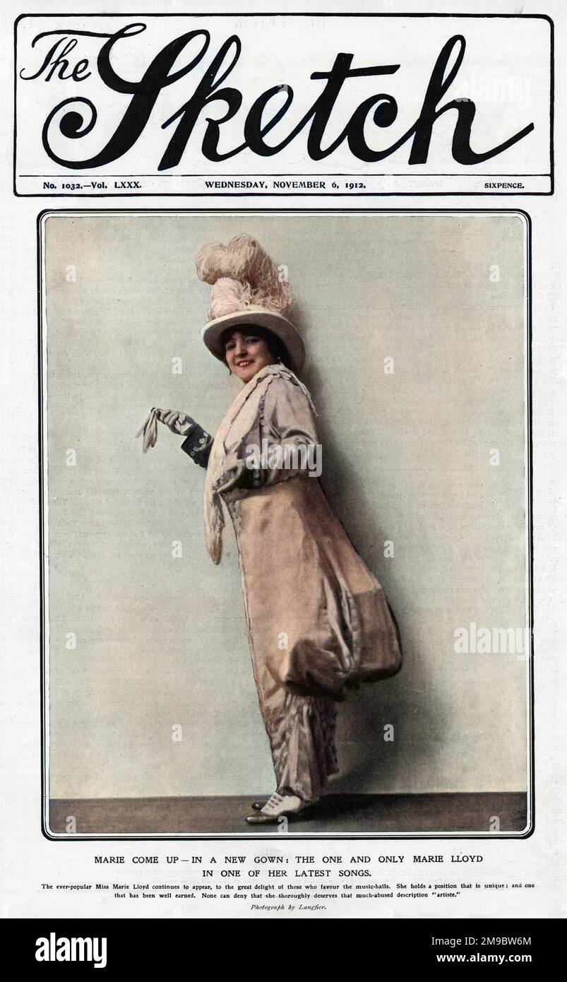 Marie Lloyd, née Matilda Alice Victoria Wood (1870 - 1922), chanteuse de musique britannique, animatrice et comédienne. Une superstar mondiale de son temps commandant le salaire le plus élevé de n'importe quel artiste de spectacle. Photo sur la couverture du magazine Sketch en novembre 1912. Banque D'Images