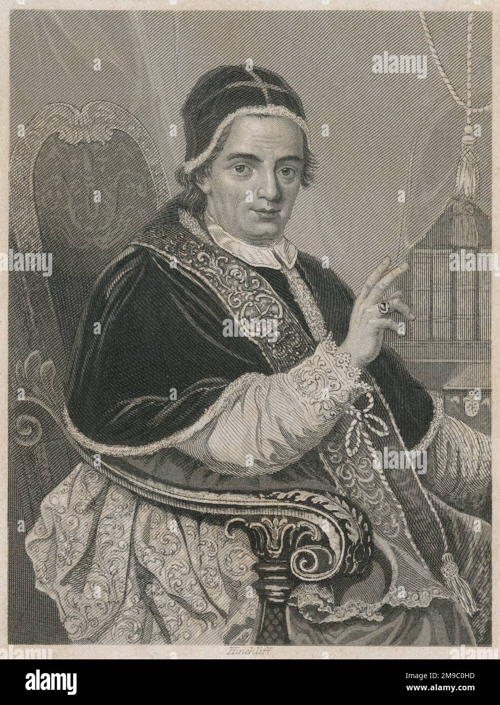 Gravure antique vers 1860, portrait du Pape Clément XIV Le Pape Clément XIV (1705-1774), né Giovanni Vincenzo Antonio Ganganelli, a été chef de l'Église catholique et chef des États papal du 19 mai 1769 à sa mort en septembre 1774. SOURCE : GRAVURE ORIGINALE Banque D'Images