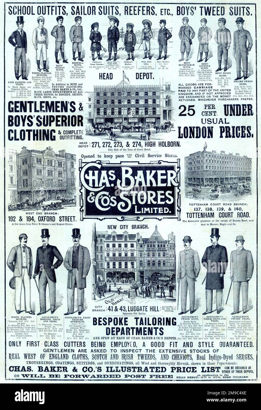 Publicité, Chas Baker & Co Stores Limited, High Holborn, Oxford Street, Tottenham court Road et Ludgate Hill, Londres, tenues scolaires, vêtements de qualité supérieure pour hommes et femmes, services de personnalisation en Bespoke Banque D'Images