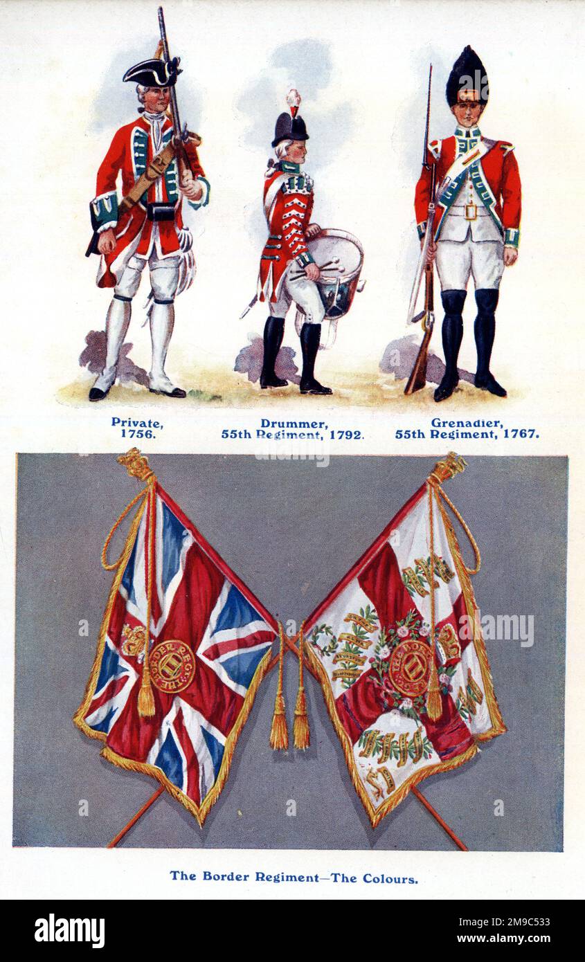 The Border Regiment, uniformes et couleurs - Soldat (1756), batteur, 55th Regiment (1792), Grenadier, 55th Regiment (1767) Banque D'Images