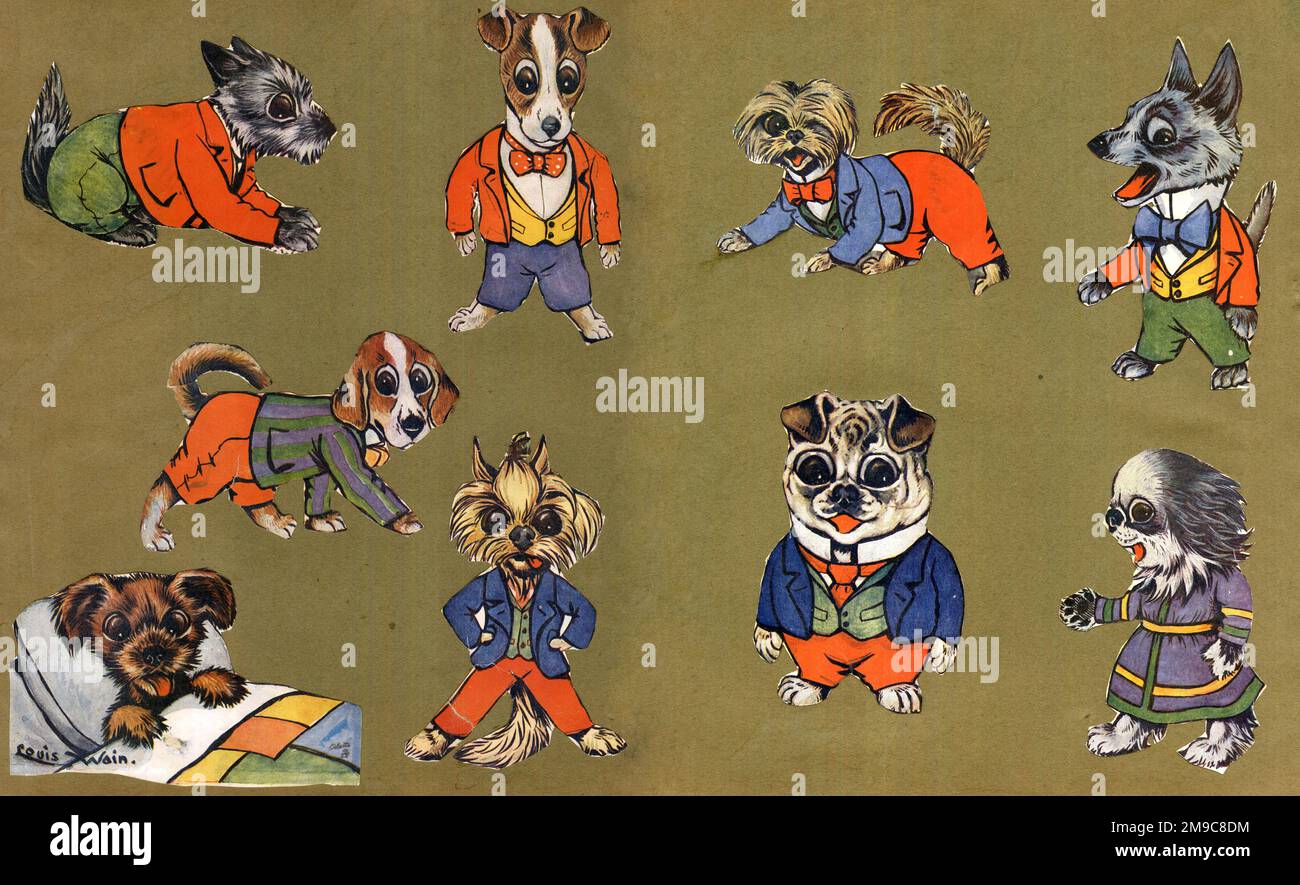 Découpes de ferraille, dessins animés de chiens par Louis Wain Banque D'Images