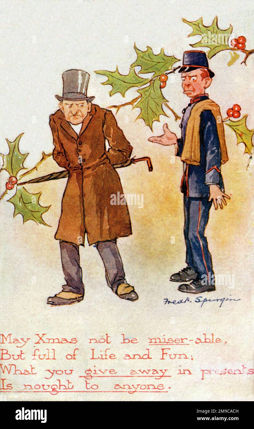 Un postier souhaite un joyeux Noël à un vieil homme miserly ! Banque D'Images