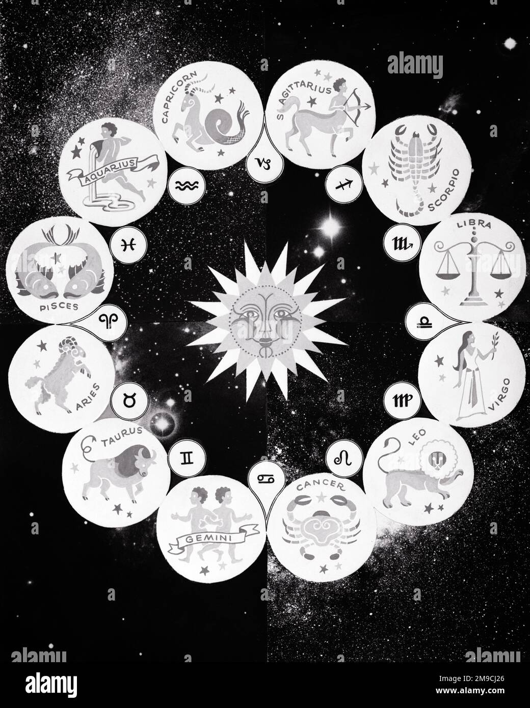 1960S SIGNES DU ZODIAQUE AUTOUR DU SOLEIL SUR UN FOND STAR - S18575 HAR001 HARS BÉLIER CONCEPTS CAPRICORNE CONSTELLATIONS LIBRA PISCES SAGITTAIRE SCORPION SOLUTIONS TAURUS VIRGO ZODIAQUE 12 NOIR ET BLANC HAR001 REPRÉSENTATION DÉMODÉE DOUZE Banque D'Images