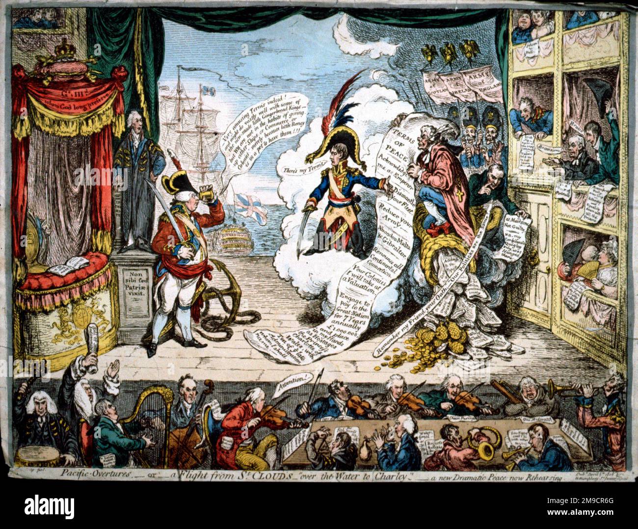 Pacific Overtures, ou Un vol de St Clouds - au-dessus de l'eau à Charley - satire, Napoléon I offre des conditions au roi George III et Talleyrand Banque D'Images