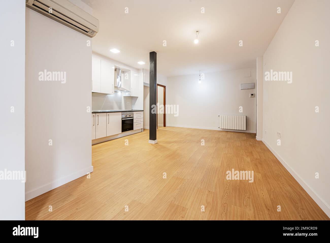 Appartement studio vide avec une cuisine américaine meublée en blanc avec des appareils sur un mur, un pilier en métal noir et du parquet Banque D'Images