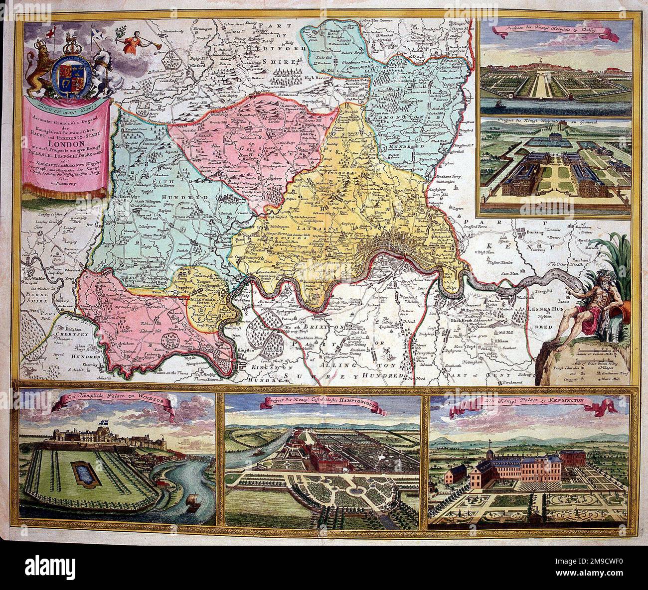 18th Century City carte de Londres, Angleterre avec vues sur Hampton court, Windsor Castle, St. James Palace, King's Hospital à Greenwich et Chelsea Banque D'Images