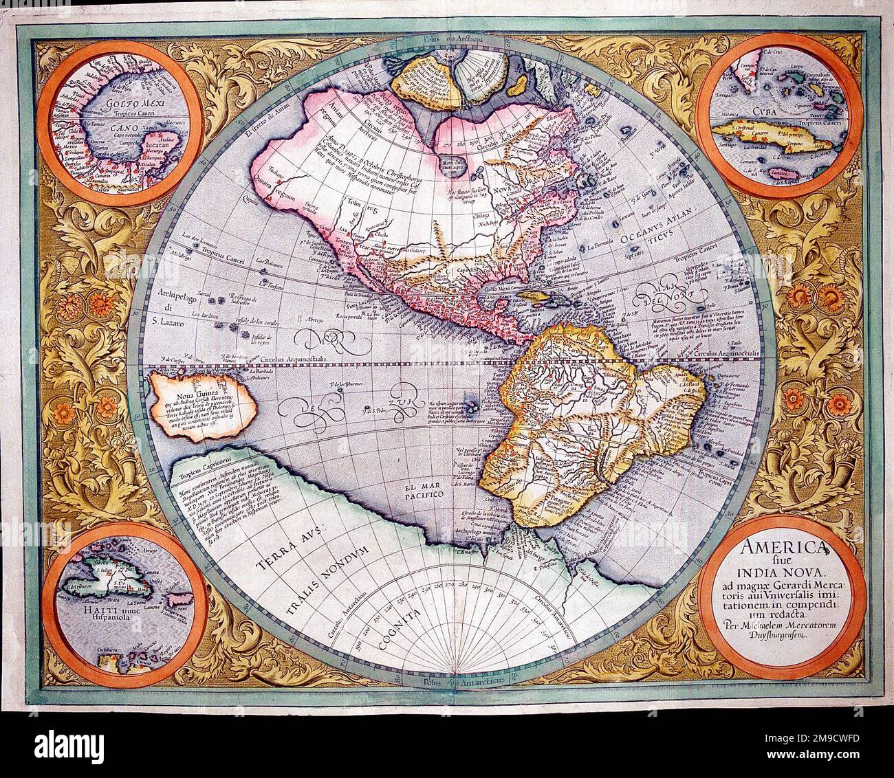 Carte du 16th siècle de l'Amérique du Nord et du Sud - l'Amérique vive l'Inde Nova avec des décors de la côte du Golfe, Hispaniola et Cuba et les Bahamas et le sud de la Floride Banque D'Images