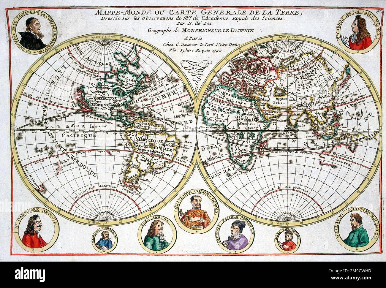 Carte du monde du 18th siècle avec portraits d'explorateurs - hémisphères mondiaux - Mappe monde ou carte générale de la Terre Banque D'Images