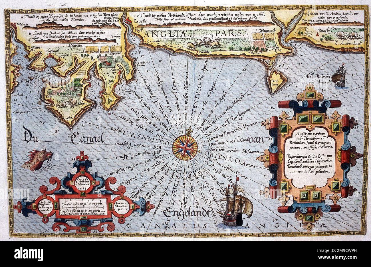 16th siècle carte de la côte sud de l'Angleterre Banque D'Images