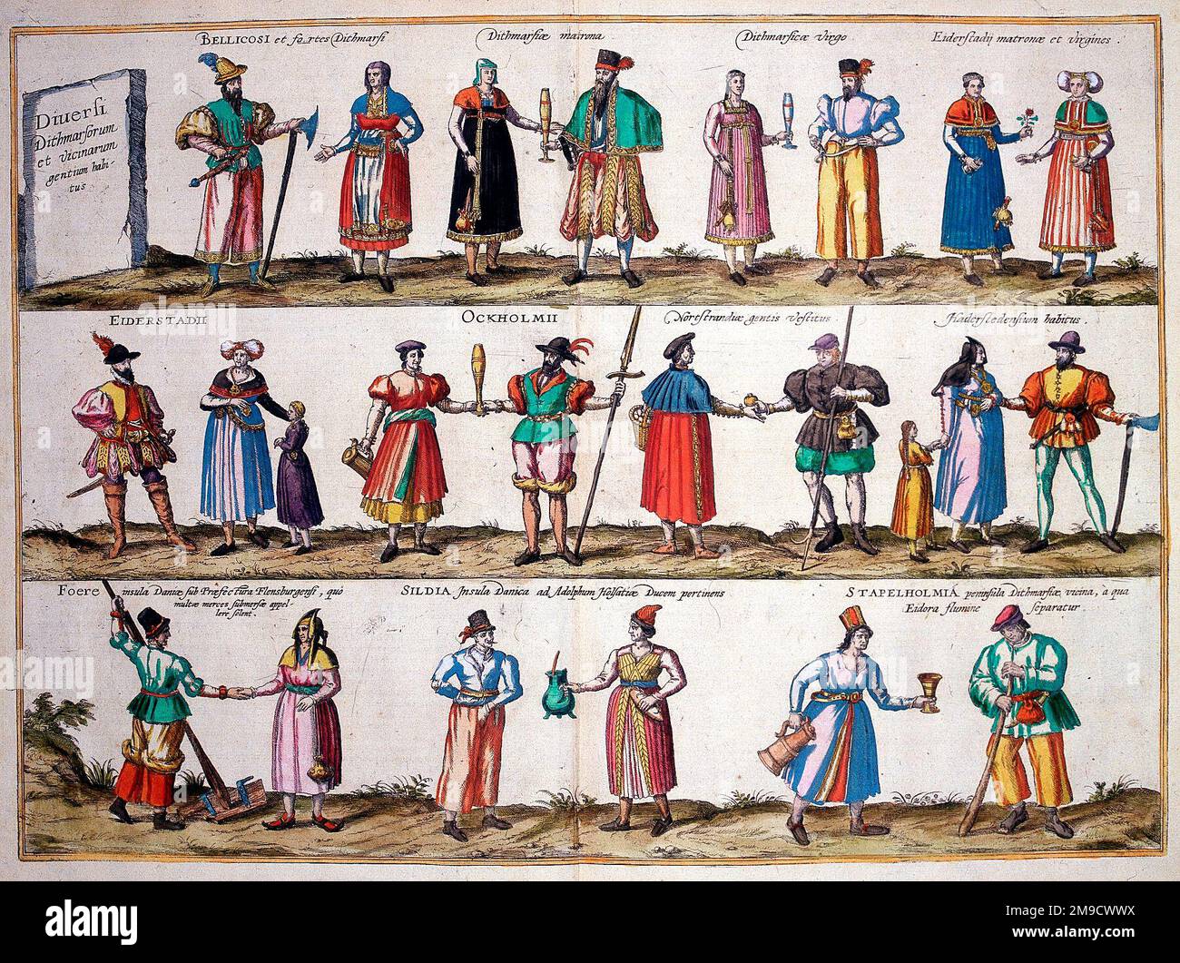 Personnages et costumes de Dithmarschen, Allemagne - Diuersi Dithmarsorum et vicinarum gentium habitus Banque D'Images