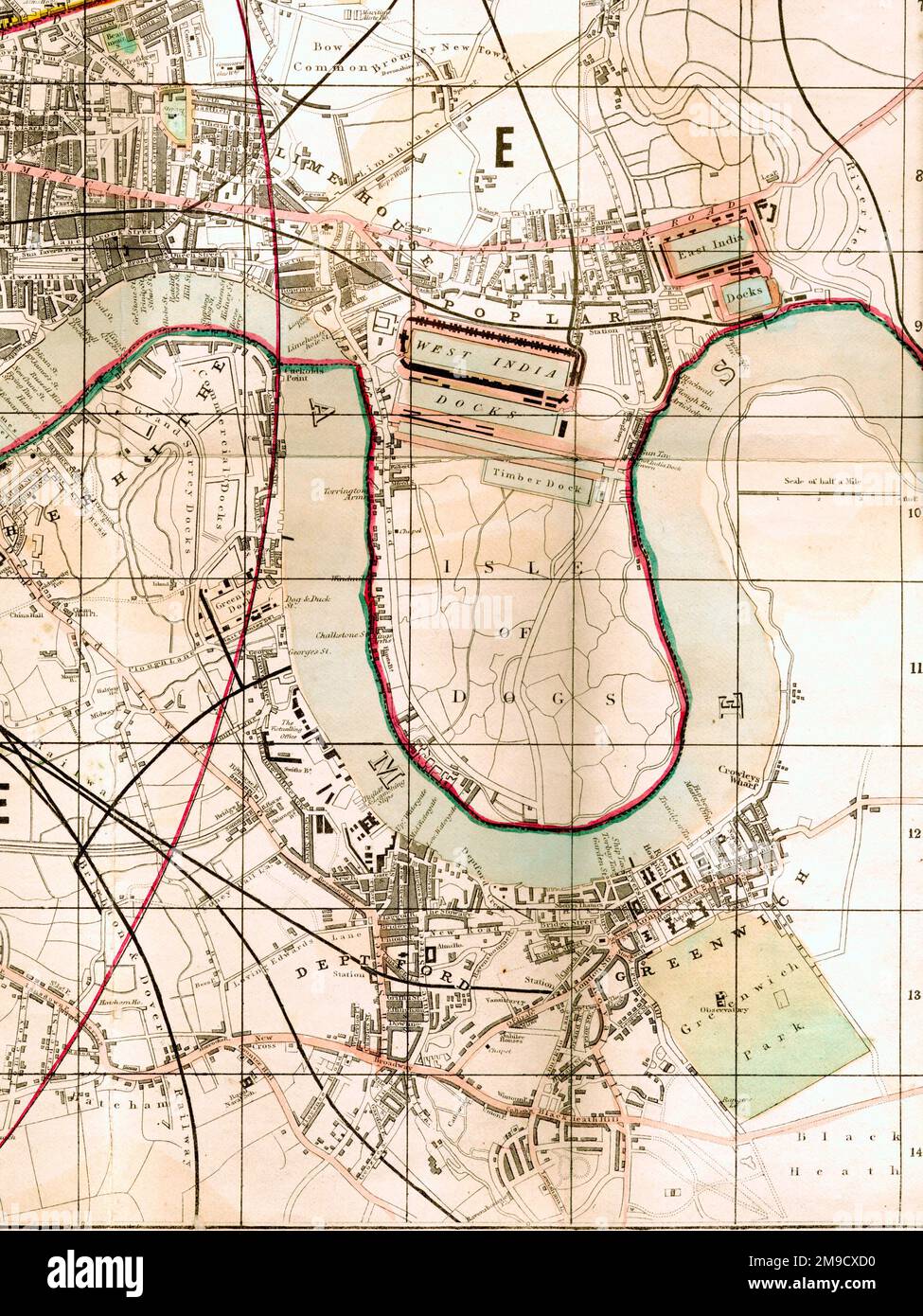 19th Century carte de l'île des chiens, Greenwich, Londres (extrait) montrant les docks de l'Inde de l'Ouest et de l'est, Limehouse, Poplar, Greenwich et Deptford. Banque D'Images