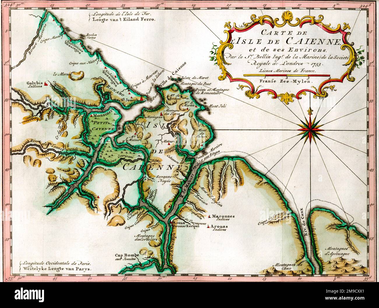 Carte du 18th siècle de l'île de Cayenne, Guyane française, Amérique du Sud Banque D'Images